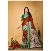 Orange soft handloom cotton kalamkari printed saree with unstitched blouse, traditional Indian attire on mannequin
