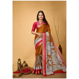 Mustard soft handloom cotton Kalamkari printed saree with unstitched blouse, traditional Indian attire on mannequin