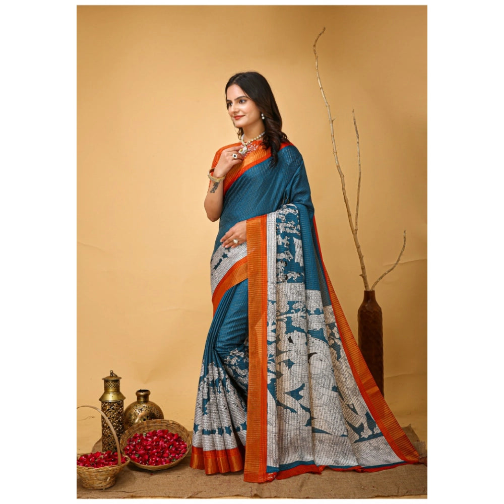 Teal blue soft handloom cotton kalamkari printed saree with unstitched blouse, traditional indian ethnic wear on mannequin