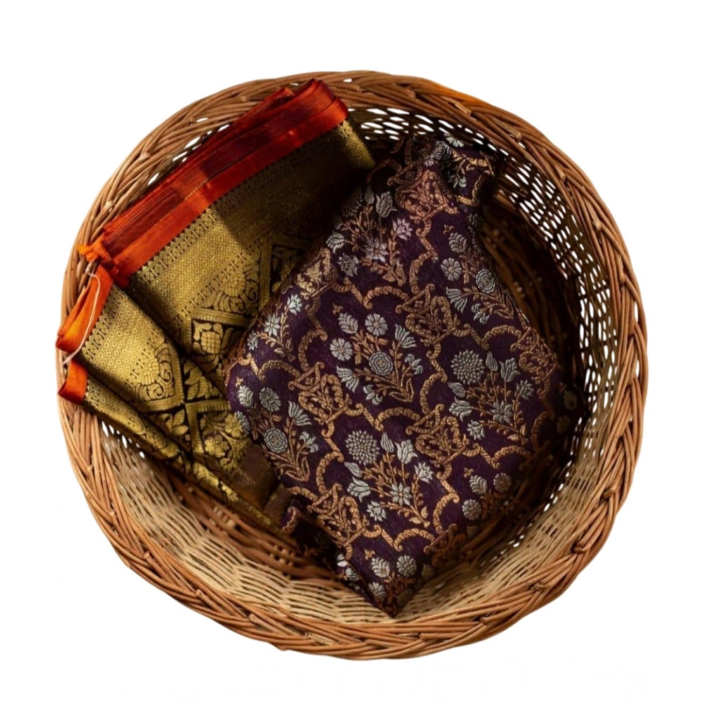 Purple soft lichi silk printed saree with unstitched blouse, 5.5mtr length