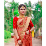 Red soft lichi silk printed saree with unstitched blouse (5.5Mtr), elegant traditional Indian wear