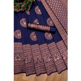 Navy blue soft lichi silk printed saree with unstitched blouse, 5.5mtr length