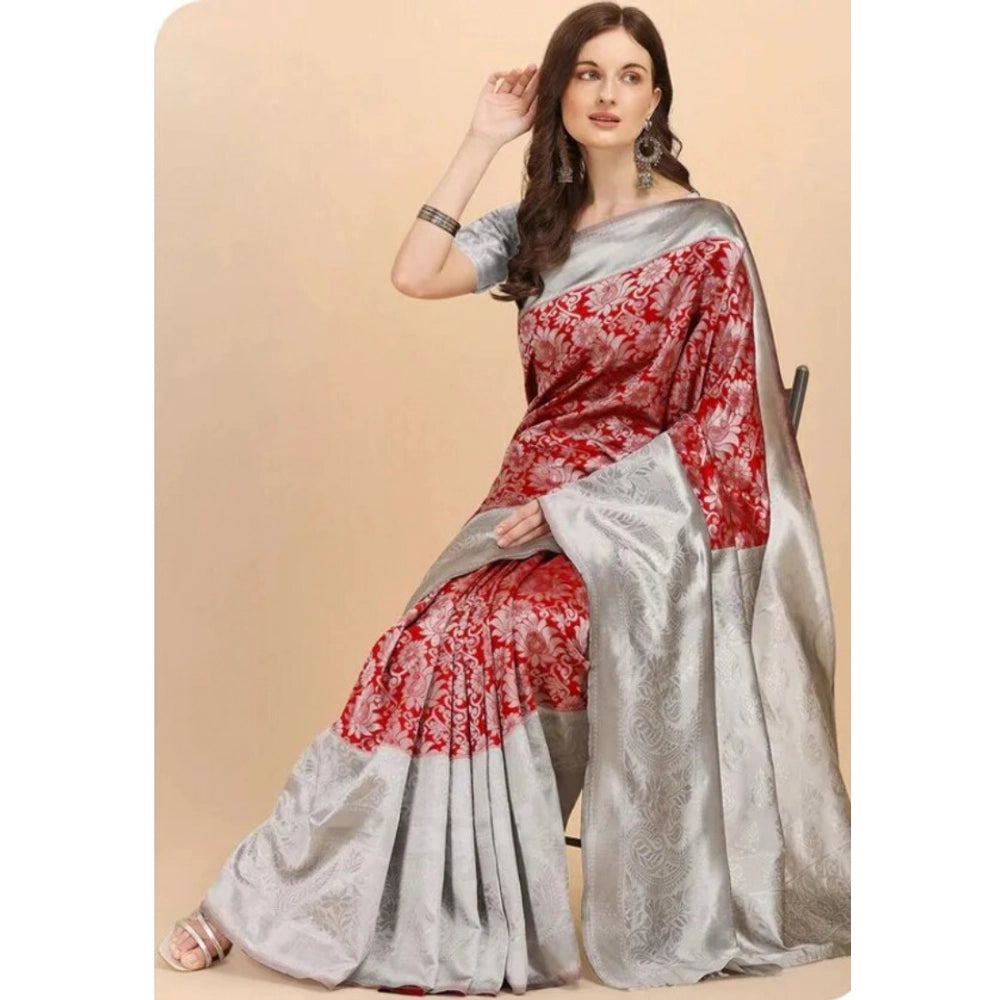 Red soft lichi silk printed saree with unstitched blouse (5.5Mtr), luxurious women's traditional wear