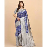 Blue soft lichi silk printed saree with unstitched blouse, 5.5mtr length