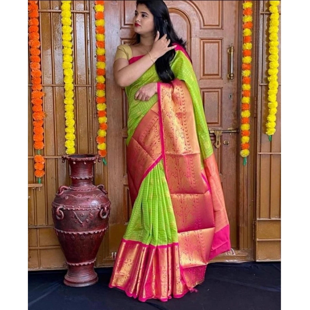 Green soft lichi silk printed saree with unstitched blouse, elegant Indian women's fashion