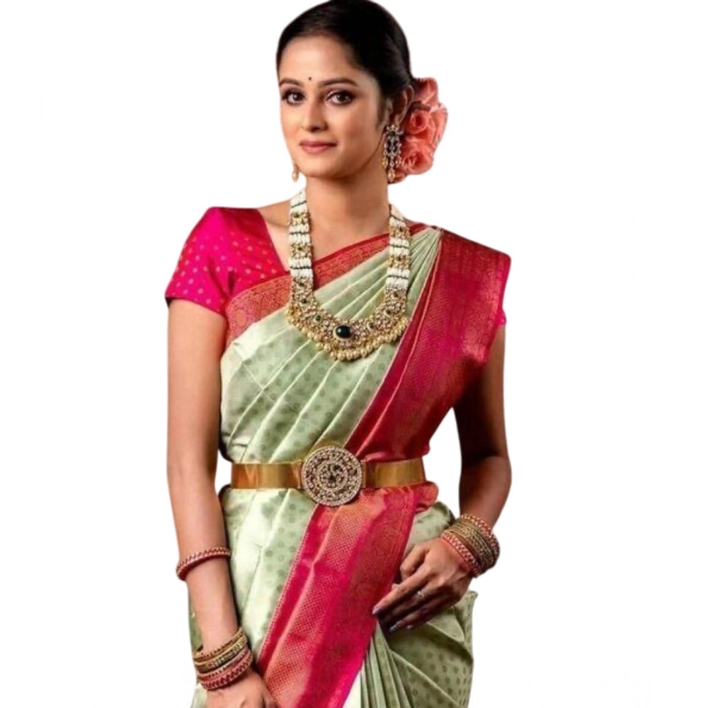 Light green printed soft lichi silk saree with unstitched blouse (5.5mtr), women's traditional Indian attire