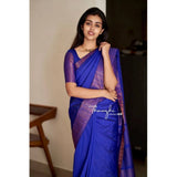 Blue soft lichi silk saree with unstitched blouse, 5.5mtr length