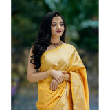 Yellow soft lichi silk printed saree with unstitched blouse, 5.5Mtr length on mannequin