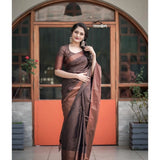 Brown soft lichi silk printed saree with unstitched blouse, 5.5mtr (close-up)