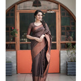 Soft brown Lichi silk printed saree with unstitched blouse, luxurious women's ethnic wear on mannequin