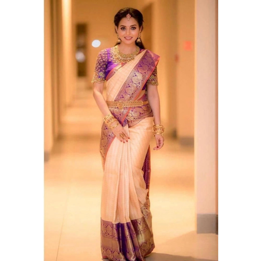 Soft lichi silk printed saree with unstitched blouse (purple), luxurious Indian wear for women