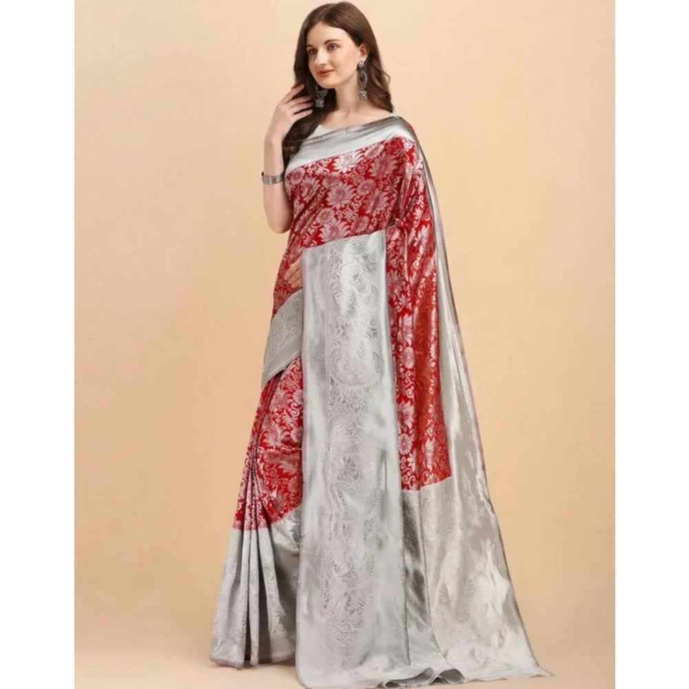 Red soft lichi silk printed saree with unstitched blouse (5.5Mtr)