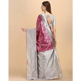 Soft pink lichi silk printed saree with unstitched blouse, 5.5mtr length on mannequin for women's traditional wear