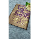 Purple soft lichi silk printed saree with unstitched blouse, 5.5mtr