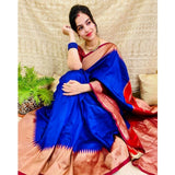 Blue soft lichi silk solid saree with unstitched blouse (5.5mtr)