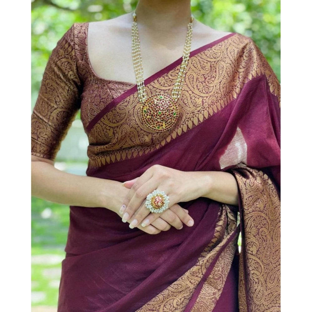 Maroon solid lichi silk saree with unstitched blouse (5.5mtr), soft, elegant women's traditional wear
