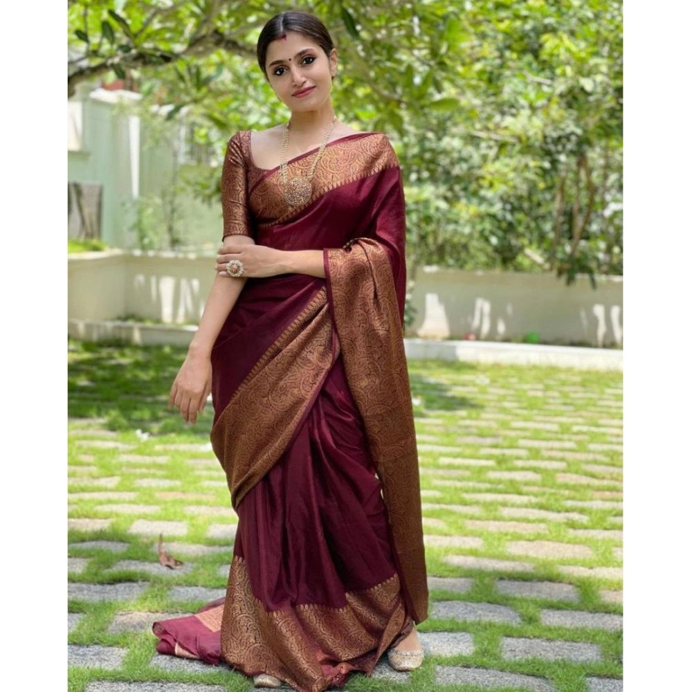 Maroon solid lichi silk saree with unstitched blouse, 5.5Mtr for women's fashion