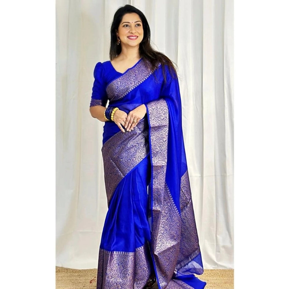 Blue soft lichi silk saree with unstitched blouse (5.5Mtr) - elegant, luxurious traditional Indian wear