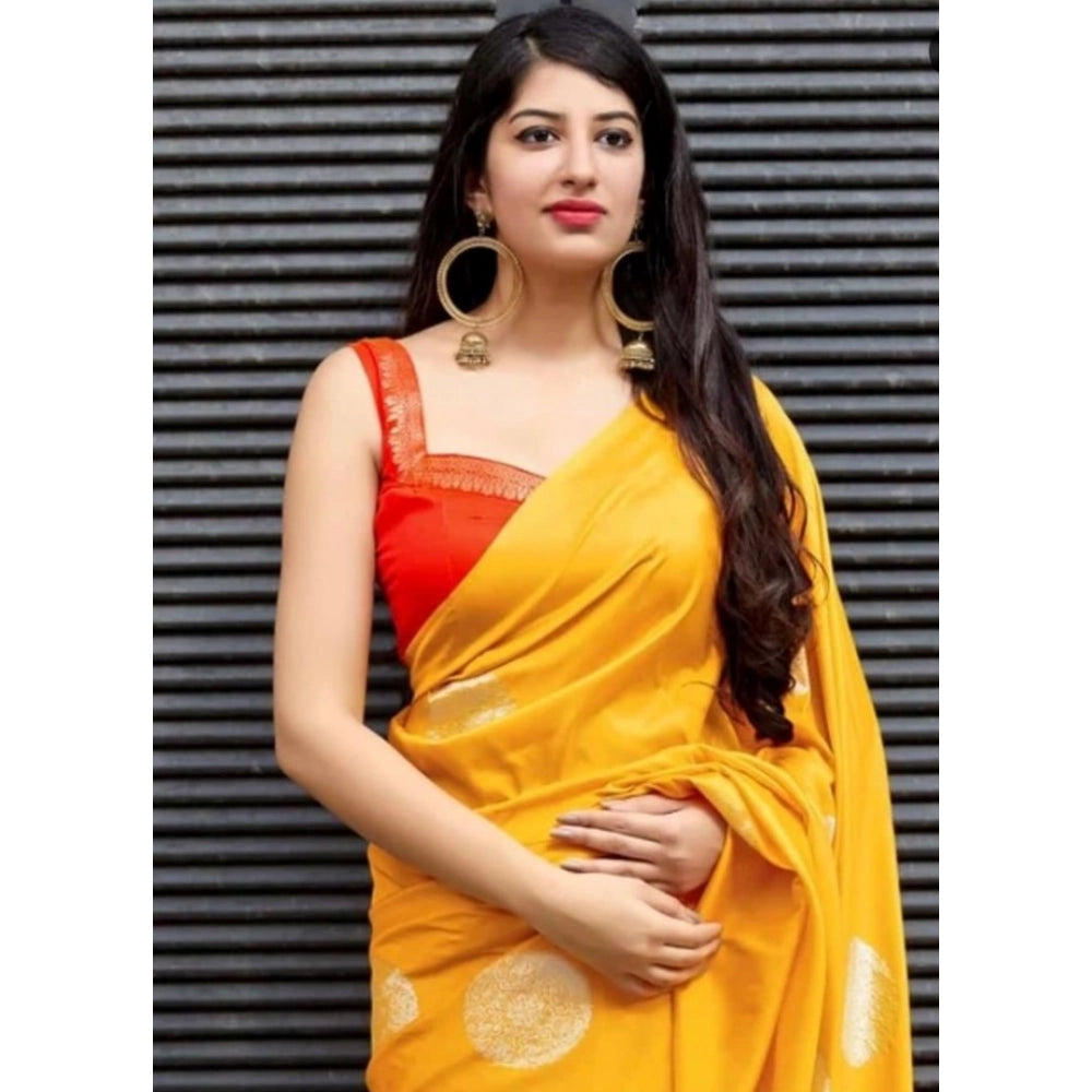 Yellow soft lichi silk printed saree with unstitched blouse (5.5mtr)