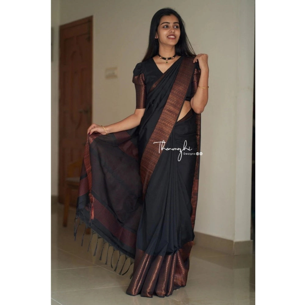 Black soft lichi silk solid saree with unstitched blouse (5.5mtr) - luxurious traditional women's wear