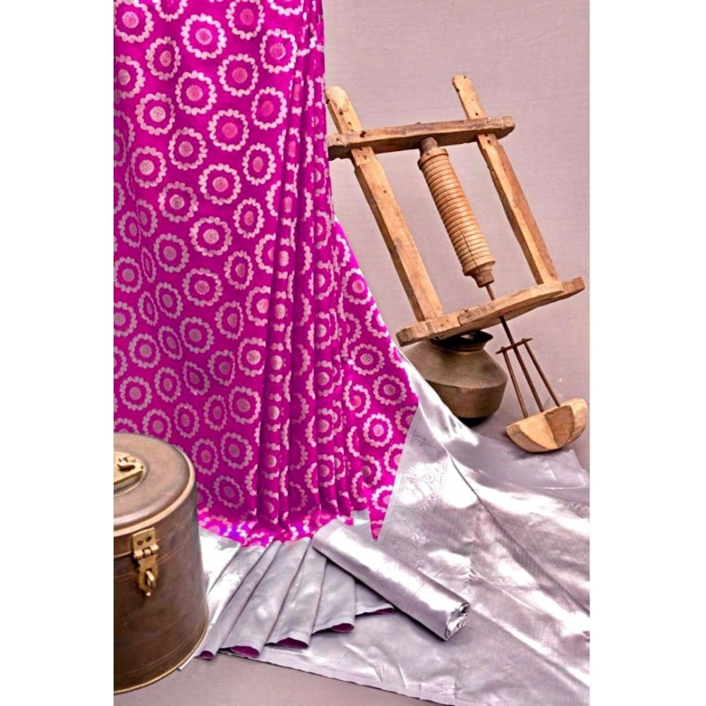 Soft pink lichi silk printed saree with unstitched blouse, 5.5mtr
