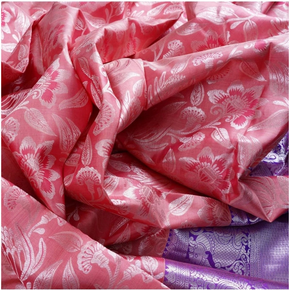 Purple soft lichi silk printed saree with unstitched blouse, 5.5Mtr