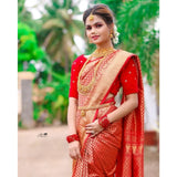Red soft lichi silk printed saree with unstitched blouse (5.5Mtr), high-quality Indian women's traditional wear
