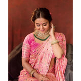 Pink soft lichi silk printed saree with unstitched blouse (5.5mtr), elegant homewear accessory on display
