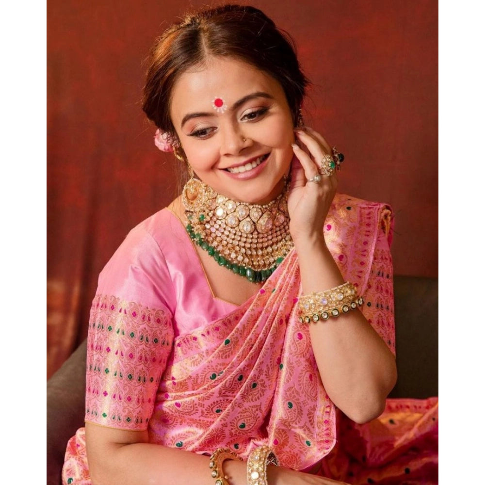 Soft pink lichi silk printed saree with unstitched blouse (5.5mtr)