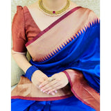 Blue soft lichi silk solid saree with unstitched blouse, 5.5mtr length on model