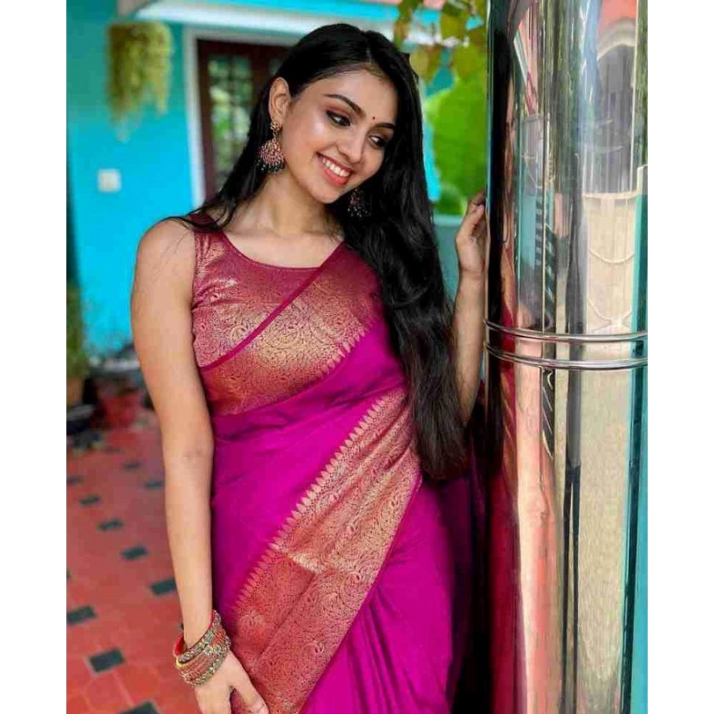 Pink soft lichi silk solid saree with unstitched blouse, 5.5Mtr length for women's traditional Indian wear