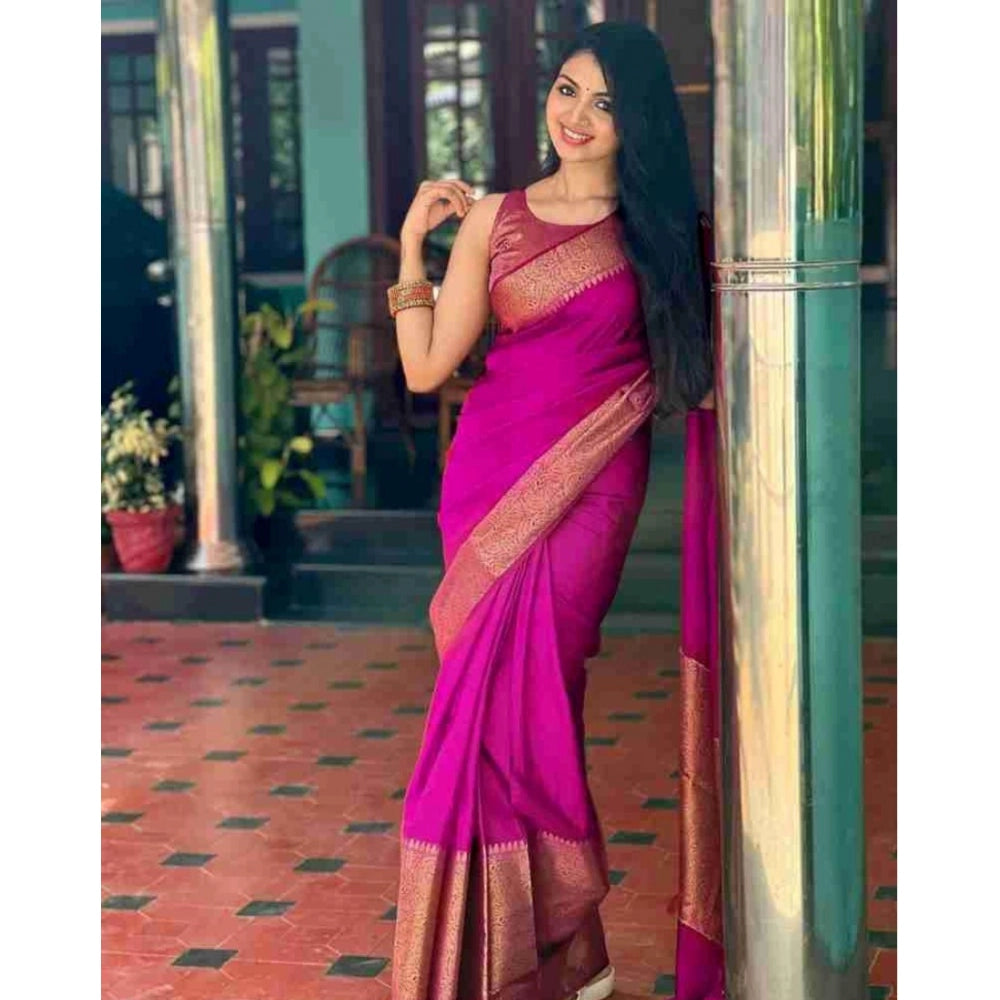 Soft pink lichi silk saree with unstitched blouse (5.5mtr), elegant and silky for traditional Indian wear