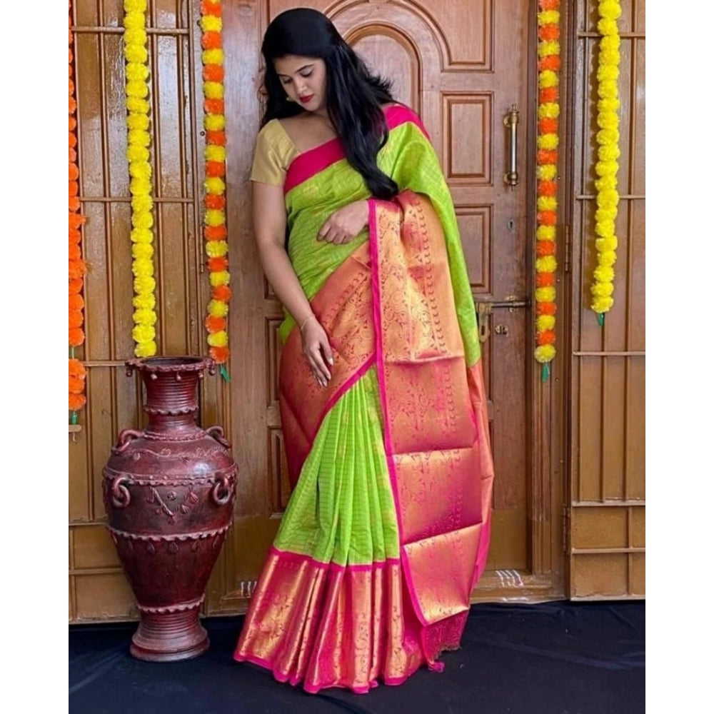 Green soft lichi silk printed saree with unstitched blouse, 5.5Mtr - luxurious Indian women's wear for special occasions