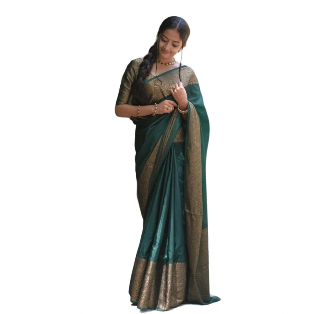 Green soft lichi silk solid saree with unstitched blouse (5.5Mtr)