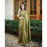 Green soft lichi silk printed saree with unstitched blouse (5.5Mtr) on hanger