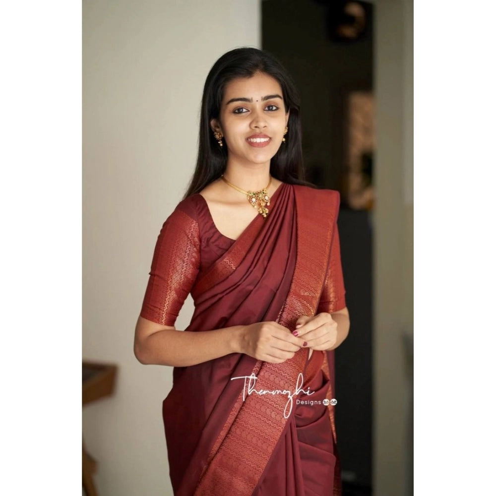 Maroon soft lichi silk saree with unstitched blouse (5.5mtr), elegant Indian wear for women