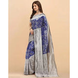 Blue soft lichi silk printed saree with unstitched blouse, 5.5Mtr length on model