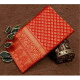 Red soft lichi silk printed saree with unstitched blouse, 5.5mtr