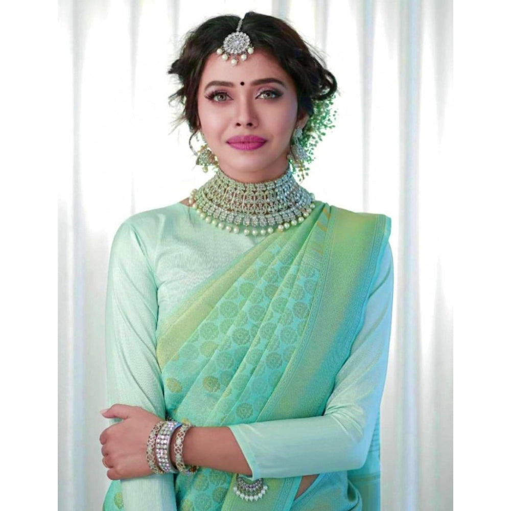 Light green soft lichi silk printed saree with unstitched blouse, 5.5mtr for women's traditional attire