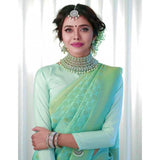 Light green soft lichi silk printed saree with unstitched blouse, 5.5mtr for women's traditional attire