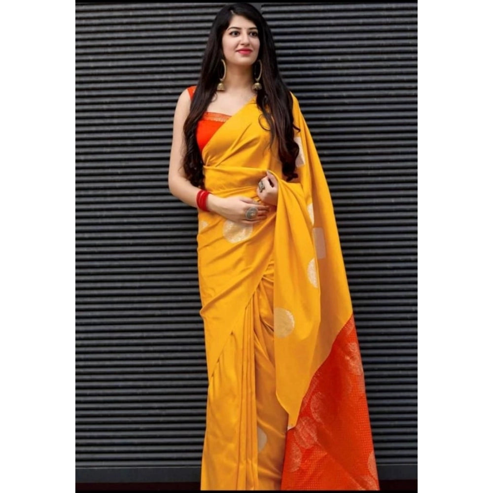 Yellow soft lichi silk printed saree with unstitched blouse (5.5mtr), vibrant oriental fashion accessory