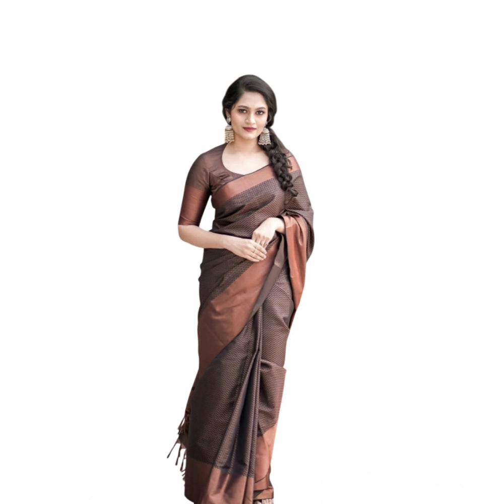 Brown soft lichi silk printed saree with unstitched blouse, 5.5Mtr length