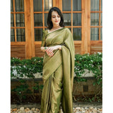 Green soft lichi silk printed saree with unstitched blouse (5.5mtr), elegant Indian women's attire on mannequin