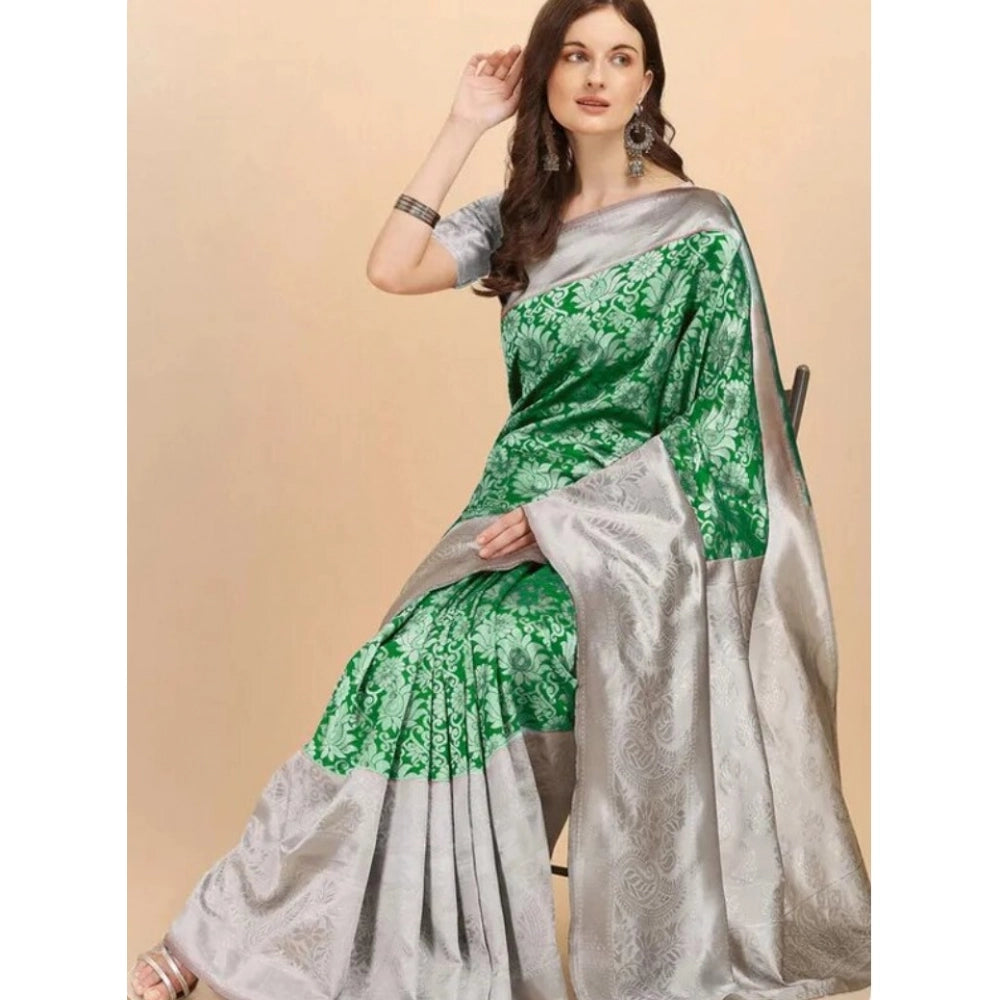 Green soft lichi silk printed saree with unstitched blouse, vibrant floral design on display