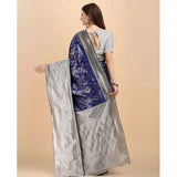 Blue soft lichi silk printed saree with unstitched blouse, 5.5mtr length on hanger