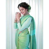Light green soft lichi silk printed saree with unstitched blouse, 5.5mtr (close-up detail)
