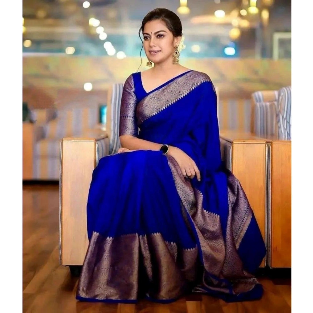 Blue soft lichi silk solid saree with unstitched blouse (5.5mtr)
