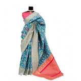 Aqua blue Banarasi printed saree with unstitched blouse (5.5mtr), vibrant Indian bridal wear