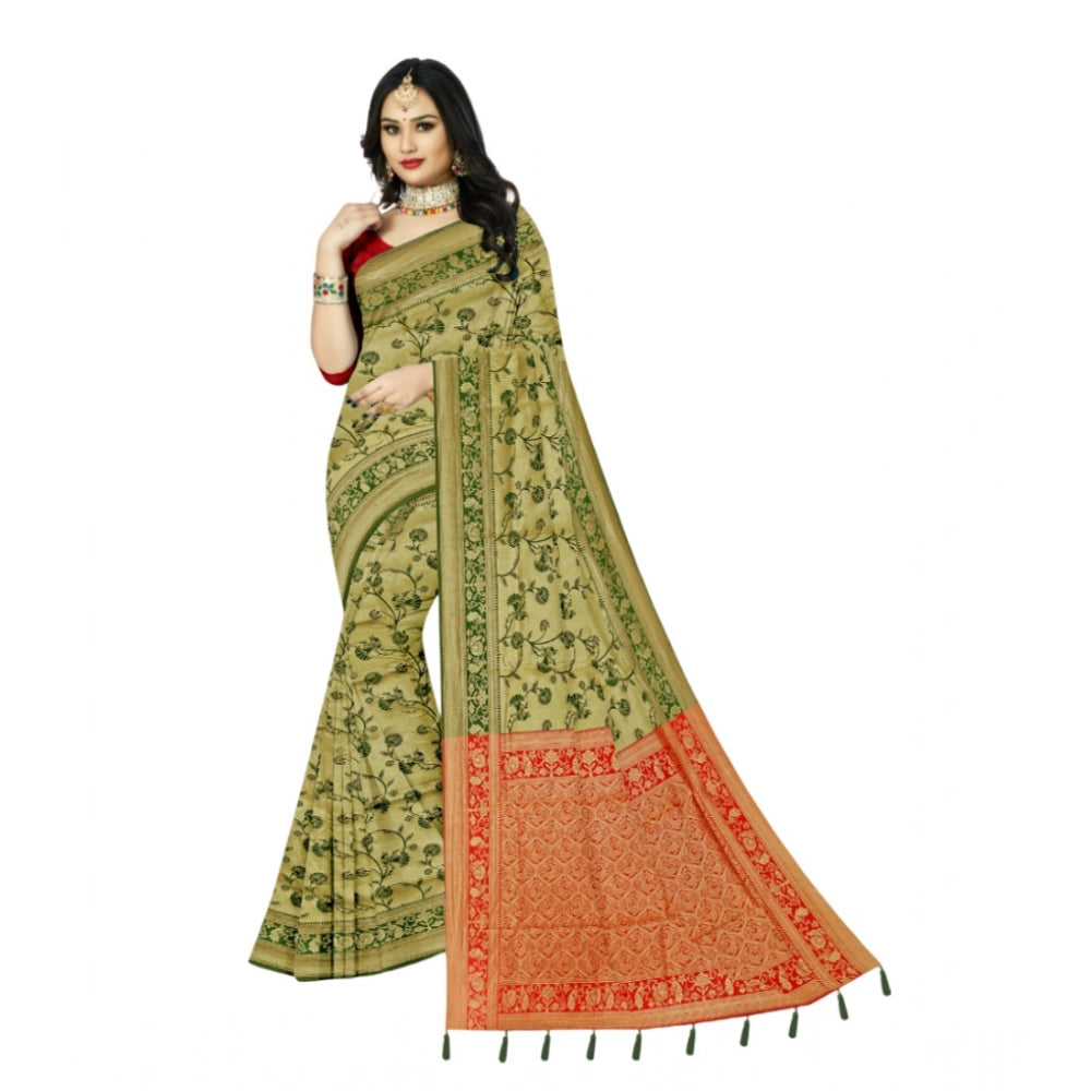 Golden Banarasi printed saree with unstitched blouse (5.5mtr), traditional Indian women's fashion accessory on hanger