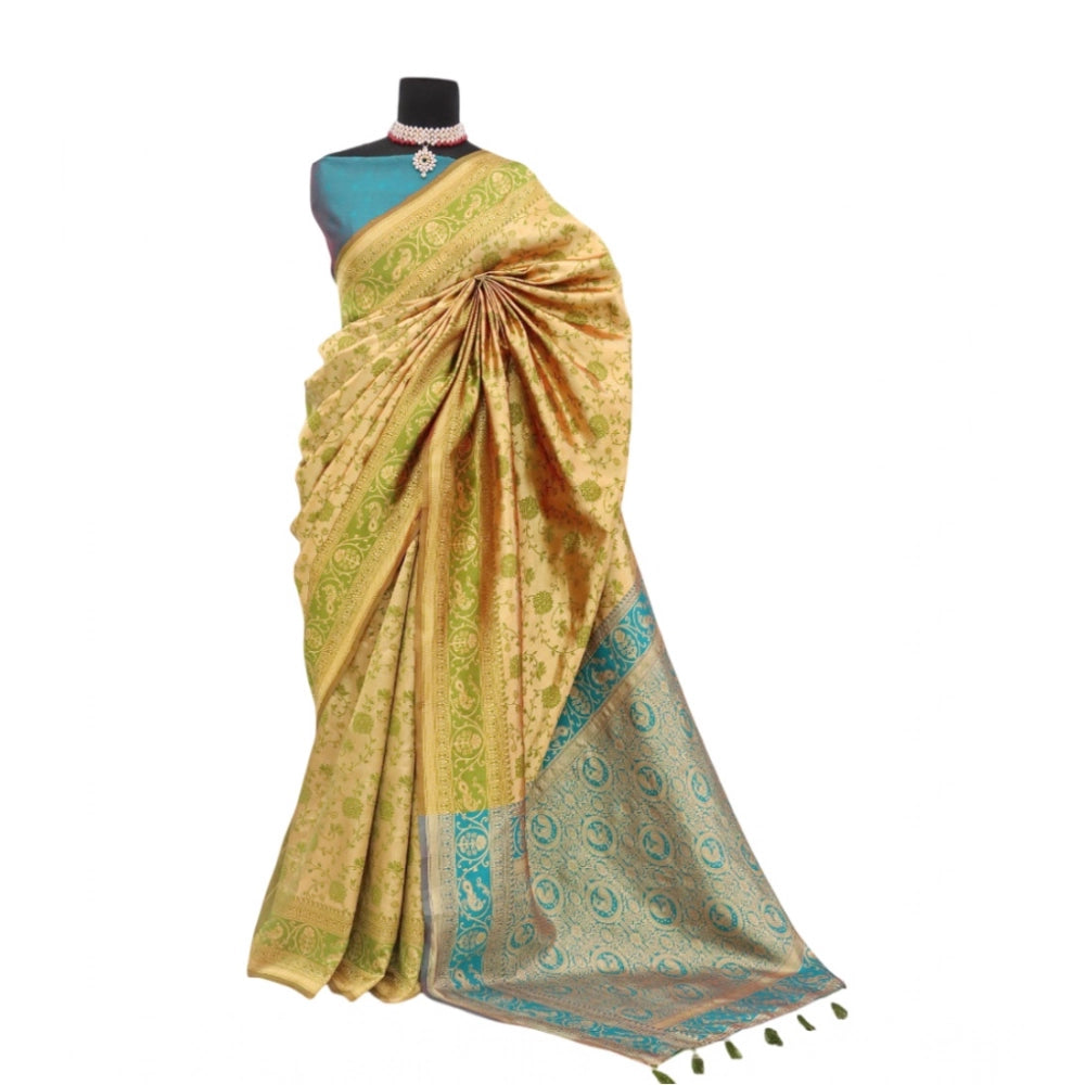 Golden Banarasi printed saree with unstitched blouse (5.5mtr) on mannequin, intricate floral patterns